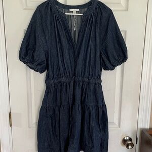 Free Assembly Size Large (12-14) Dark Blue Denim Mini Dress with Puff Sleeves